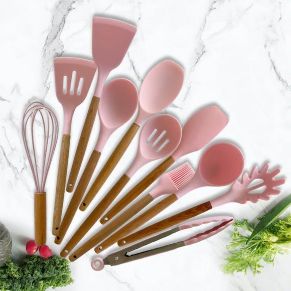 Kitchen Cooking Utensil Set 11 Pieces Silicone Wooden Handle High Heat Resistant - Picture 8 of 8